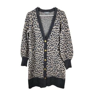 Marled Reunited Clothing Gray Leopard Print Cardigan with Gold Buttons Small